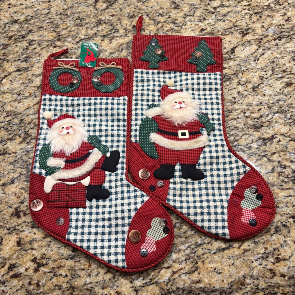 Set of 2 Vintage Style Santa Claus Christmas Stockings Red Green Gingham Plaid